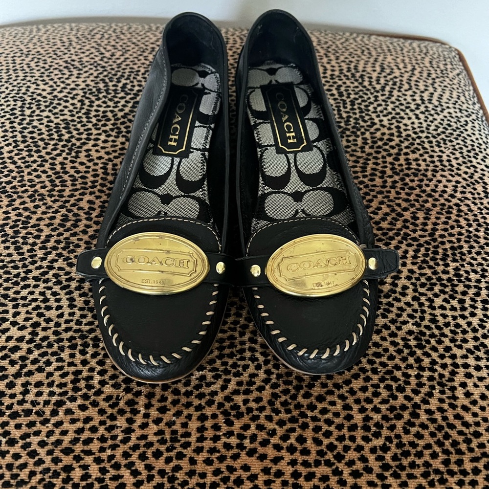 Coach Black Leather Moccasin Loafers with Gold Plaque